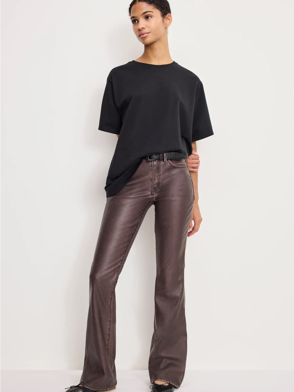 Good American Brown Leather-Look Flare Pants